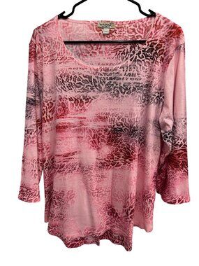 One World XL Pink Animal Print Long Sleeve Top Rhinestones Retro Statement Style